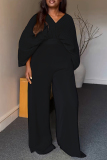 Black Casual Daily Solid Color Ruched Belted V Neck Three Quarter Two Pieces