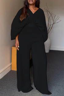 Black Casual Daily Solid Color Ruched Belted V Neck Three Quarter Two Pieces