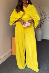 Yellow Casual Daily Solid Color Ruched Belted V Neck Three Quarter Two Pieces