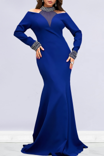 Blue Elegant Solid Color Hollow Out Hot Drill O Neck Long Dresses