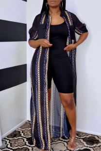 Black Casual Chain print See-Through Cardigan Turndown Collar Outerwear