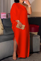Red Elegant Solid Color Slit Oblique Collar Long Dresses
