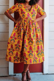 Orange Casual Daily Print Basic V Neck A Line Plus Size Dresses