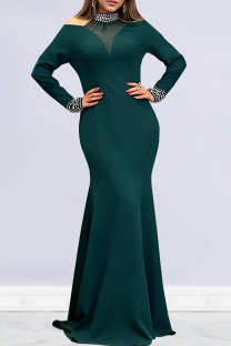Ink Green Elegant Solid Color Hollow Out Hot Drill O Neck Long Dresses