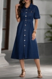 Deep Blue Casual Daily Solid Color Buttons Turndown Collar Short Sleeve Regular Denim Dresses