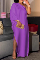 Purple Elegant Solid Color Slit Oblique Collar Long Dresses