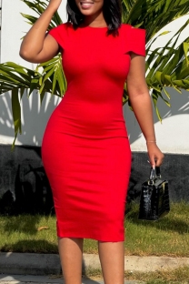 Red Casual Daily Solid Color Basic O Neck Wrapped Skirt Short Sleeve Dress