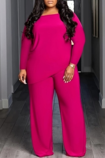 Deep Pink Casual Daily Solid Color Irregular O Neck Plus Size Two Pieces