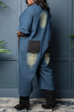 Blue Casual Daily Patchwork Pocket Buttons O Neck Half Sleeve Regular Denim Jumpsuits