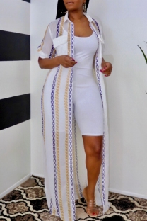 White Casual Chain print See-Through Cardigan Turndown Collar Outerwear