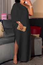 Black Elegant Solid Color Slit Oblique Collar Long Dresses