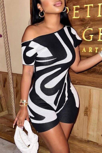 Black And White Sexy Hot Irregular Printed Oblique Collar Regular Rompers