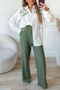 White Casual Daily Print Buttons Turndown Collar Long Sleeve Two Pieces
