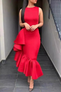 Red Casual Daily Elegant Solid Color Ruffle Irregular Hem O Neck Wrapped Skirt Dresses
