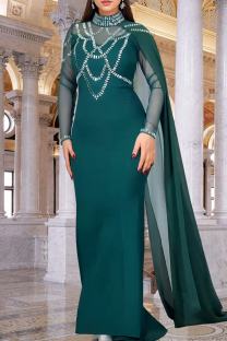 Cyan Elegant Solid Color Hot Drill O Neck Long Dresses
