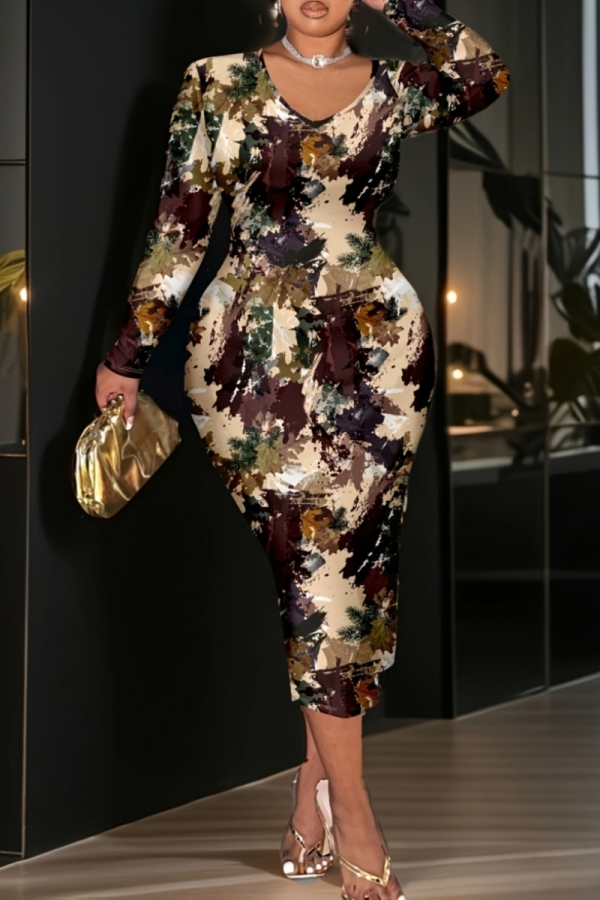 Multicolor Casual Daily Print Basic V Neck Long Sleeve Plus Size Dresses