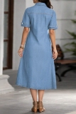 Deep Blue Casual Daily Solid Color Buttons Turndown Collar Short Sleeve Regular Denim Dresses