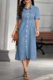 Deep Blue Casual Daily Solid Color Buttons Turndown Collar Short Sleeve Regular Denim Dresses