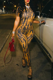 Yellow Sexy Casual Print Backless Half A Turtleneck Skinny Jumpsuits