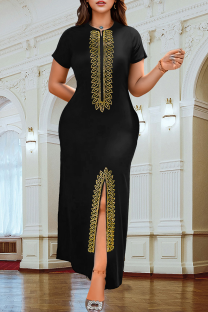 Black Gold Elegant Slit Hot Drill O Neck Long Dresses