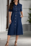 Deep Blue Casual Daily Solid Color Buttons Turndown Collar Short Sleeve Regular Denim Dresses