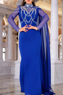 Blue Elegant Solid Color Hot Drill O Neck Long Dresses