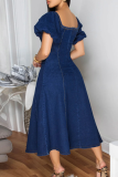 Deep Blue Sexy Solid Color Zipper Square Neck Short Sleeve Boot Cut Denim Dresses