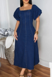 Deep Blue Sexy Solid Color Zipper Square Neck Short Sleeve Boot Cut Denim Dresses