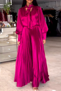 Rose Red Casual Solid Color Strap Design Pleated Asymmetrical Collar Long Sleeve Two Pieces