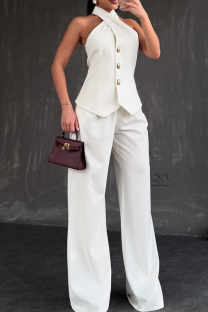 White Casual Solid Color Buckle Sleeveless Two Pieces