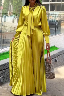 Yellow Casual Solid Color Strap Design Pleated Asymmetrical Collar Long Sleeve Two Pieces