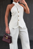 White Casual Solid Color Buckle Sleeveless Two Pieces