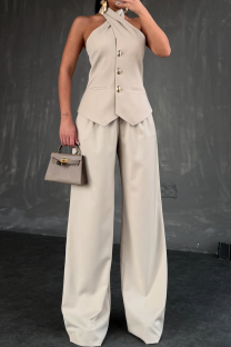Khaki Casual Solid Color Buckle Sleeveless Two Pieces