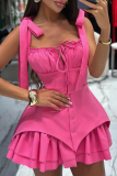 Deep Pink Sexy Solid Color Buckle Strap Design Spaghetti Strap Mini Dresses