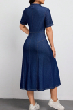 Deep Blue Casual Solid Color Pocket Buckle Turndown Collar Short Sleeve Bodycon Denim Dresses