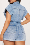 Blue Casual Solid Color Pocket Buckle Turndown Collar Regular Rompers