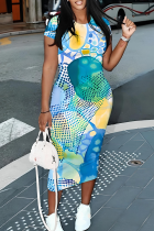 Blue Casual Print Contrast O Neck Wrapped Skirt Dresses