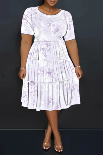 Light Purple Casual Print Patchwork O Neck Long Plus Size Dresses