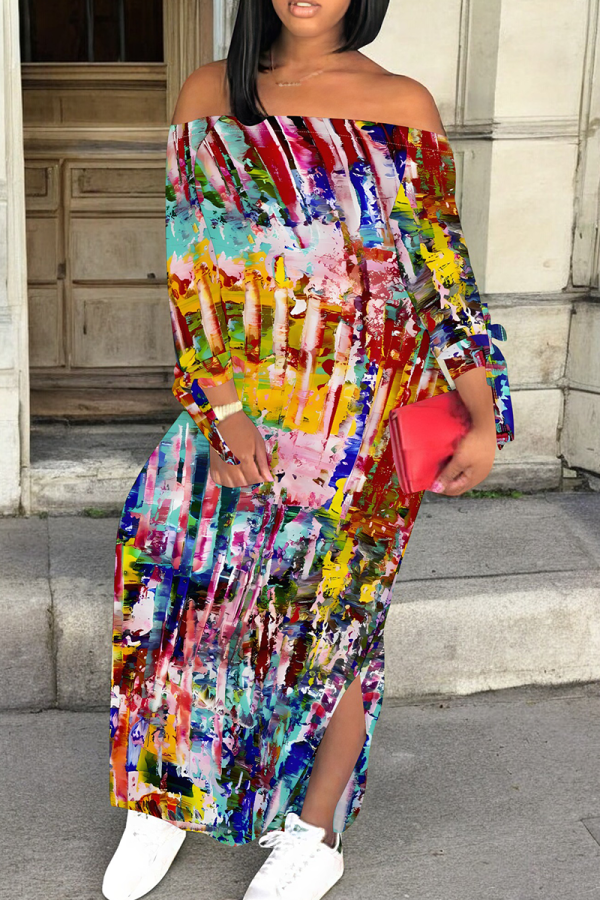Multi-color Casual Print Slit Off Shoulder Long Dresses
