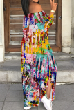 Black Yellow Casual Print Slit Off Shoulder Long Dresses
