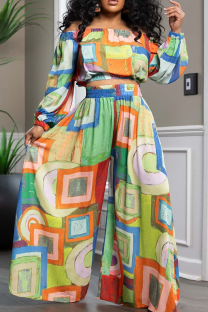 Colour Casual Print Patchwork Off Shoulder Plus Size Two Pieces