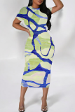 Blue Casual Print Contrast O Neck Wrapped Skirt Dresses