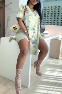 Light Green Casual Print Slit V Neck Short Sleeve Two Pieces
