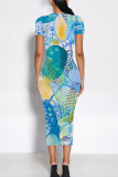 Blue Casual Print Contrast O Neck Wrapped Skirt Dresses