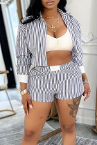 Black Casual Stripe Buckle Turndown Collar Long Sleeve Two Pieces