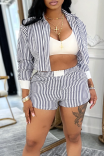 Black Casual Stripe Buckle Turndown Collar Long Sleeve Two Pieces