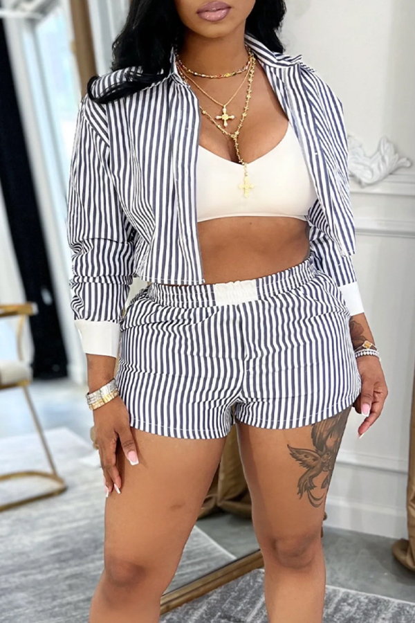 Black Casual Stripe Buckle Turndown Collar Long Sleeve Two Pieces