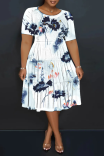 Blue White Casual Print Patchwork O Neck Long Plus Size Dresses