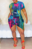 Colour Sexy Print Slit O Neck Irregular Dresses