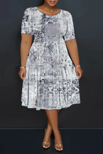 Grey Casual Print Patchwork O Neck Long Plus Size Dresses